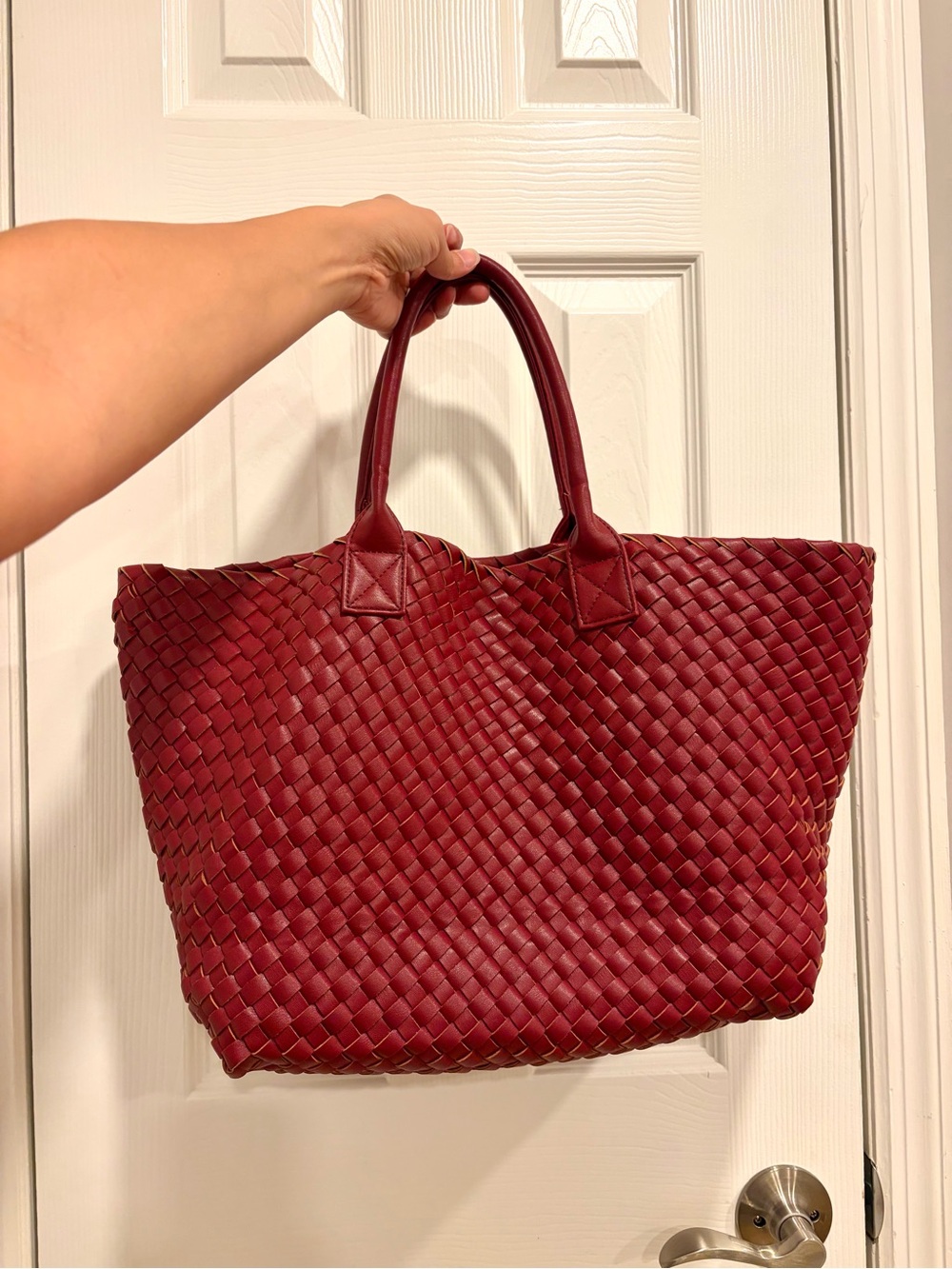 Large Red Intrecciato Woven Faux Leather Tote Bag